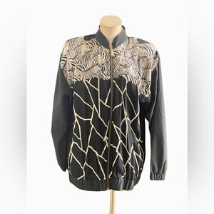 Vintage Giraffe & Zebra Print Zip-Up Lightweight Bomber Jacket